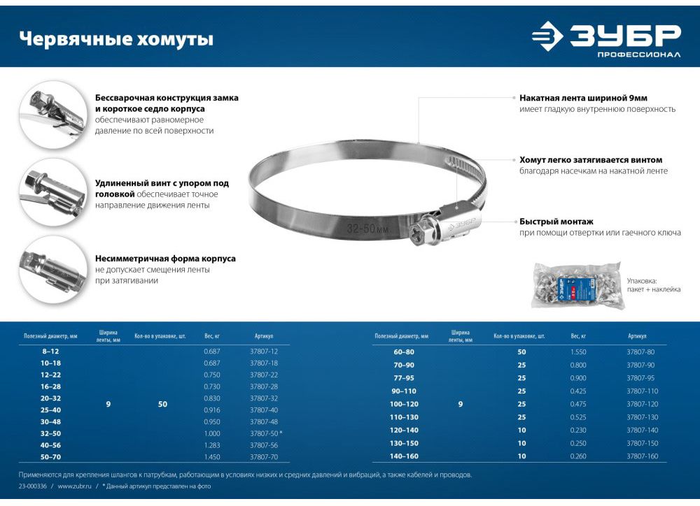 Хомут червячный накатная лента 9 мм Х-9Н Профессионал ЗУБР, оцинкованная сталь - фото