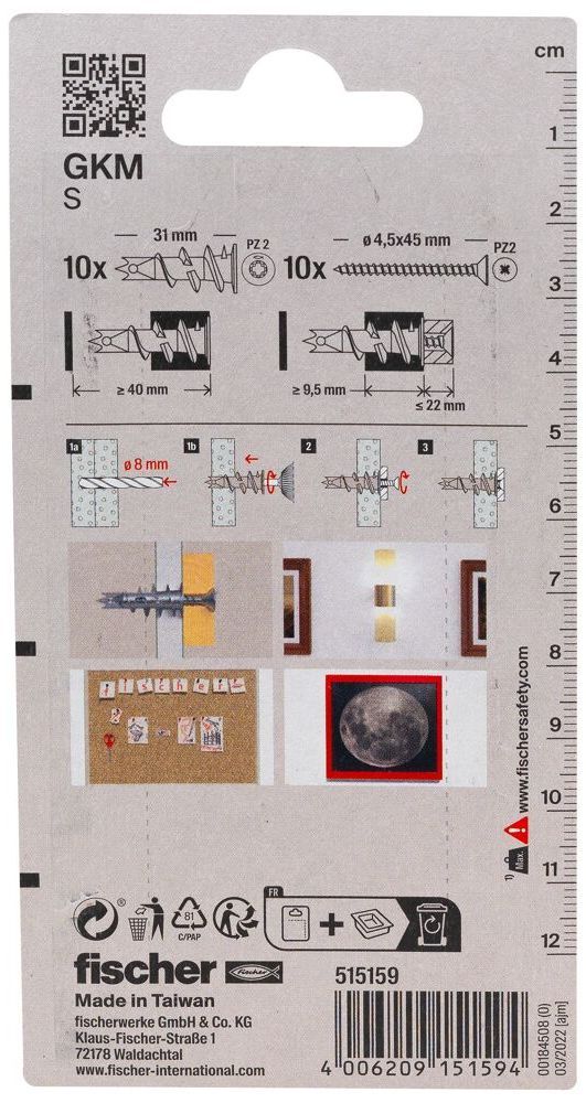 Дюбель металлический самонарезающий для гипсокартона 31 мм GKM S GP Fischer 515159 c потайным шурупом, 10 шт в блистере - фото