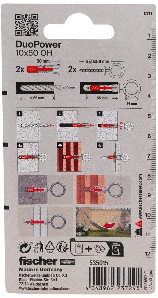 Дюбель 10х50 с рым-крюком OH Fischer DUOPOWER K NV 535015, нейлон, 2 штуки в блистере - фото