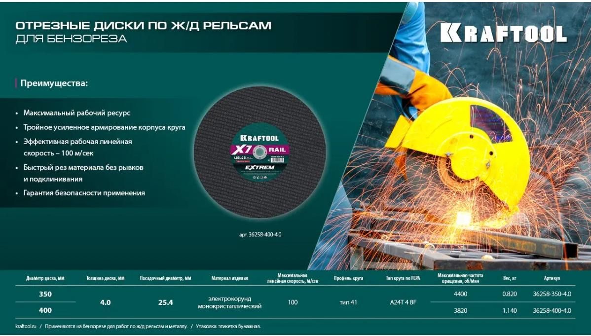 Диск отрезной для бензореза по ж/д рельсам 350х4х25,4 мм X7-Extrem Rail Kraftool 36258-350-4.0 - фото