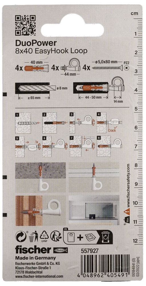 Дюбель 8х40 с винтом и проушиной EasyHook Fischer DUOPOWER 557927, нейлон, 4 шт в блистере - фото