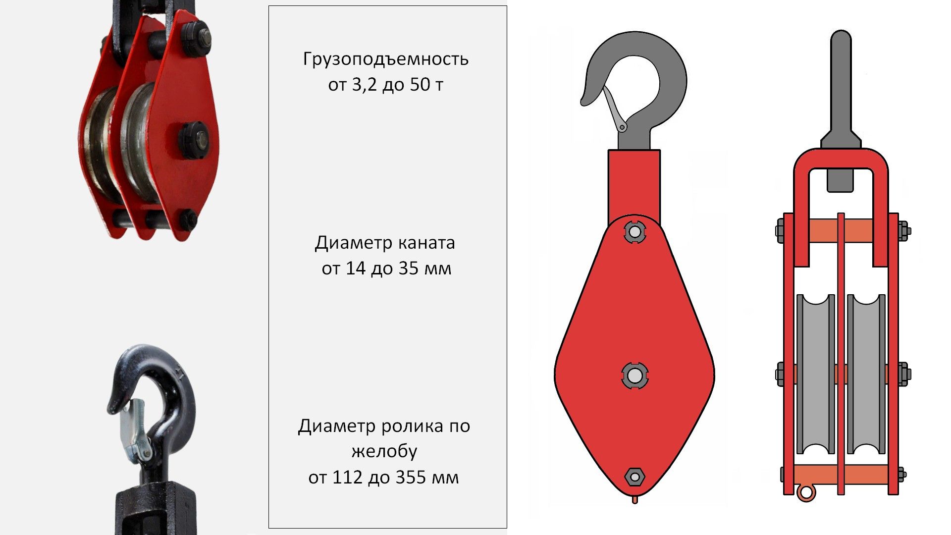 Блок монтажный с крюком под канат 20 мм HQGK 2-10, на подшипнике - фото