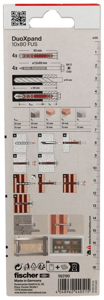Дюбель фасадный DUOXpand 10x80 FUS Fischer 562190 с шестигранным шурупом, оцинкованная сталь, 4 шт в блистере - фото