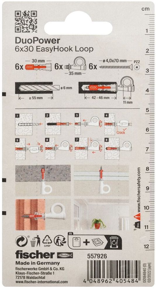 Дюбель 6х30 c винтом и проушиной EasyHook Fischer DUOPOWER 557926, нейлон, 6 шт в блистере - фото