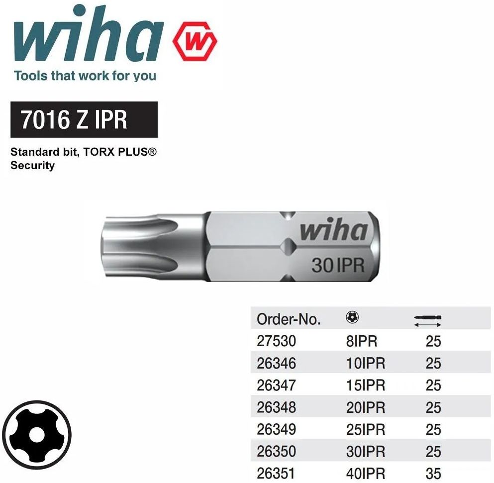 Бита звездочка с 5-ю лучами Torx Plus Security IPR длина 25 мм, C1/4" Wiha Standard серии 7016IPR, сталь Cr-V - фото