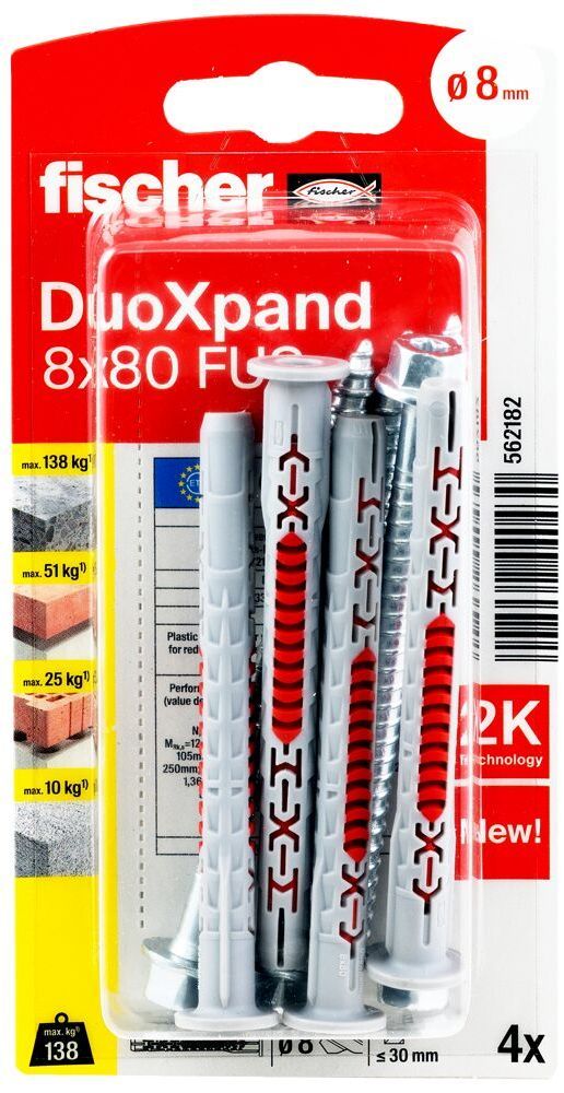 Дюбель фасадный DUOXpand 8x80 FUS Fischer 562182 с шестигранным шурупом и фланцем, оцинкованная сталь, 4 шт в блистере - фото