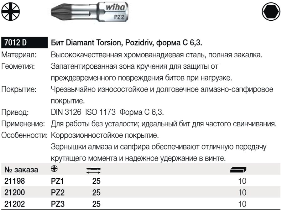 Бита ударная крестовая PZ1 длина 25 мм, C1/4" Wiha Diamant Torsion 21198, сталь Cr-V - фото