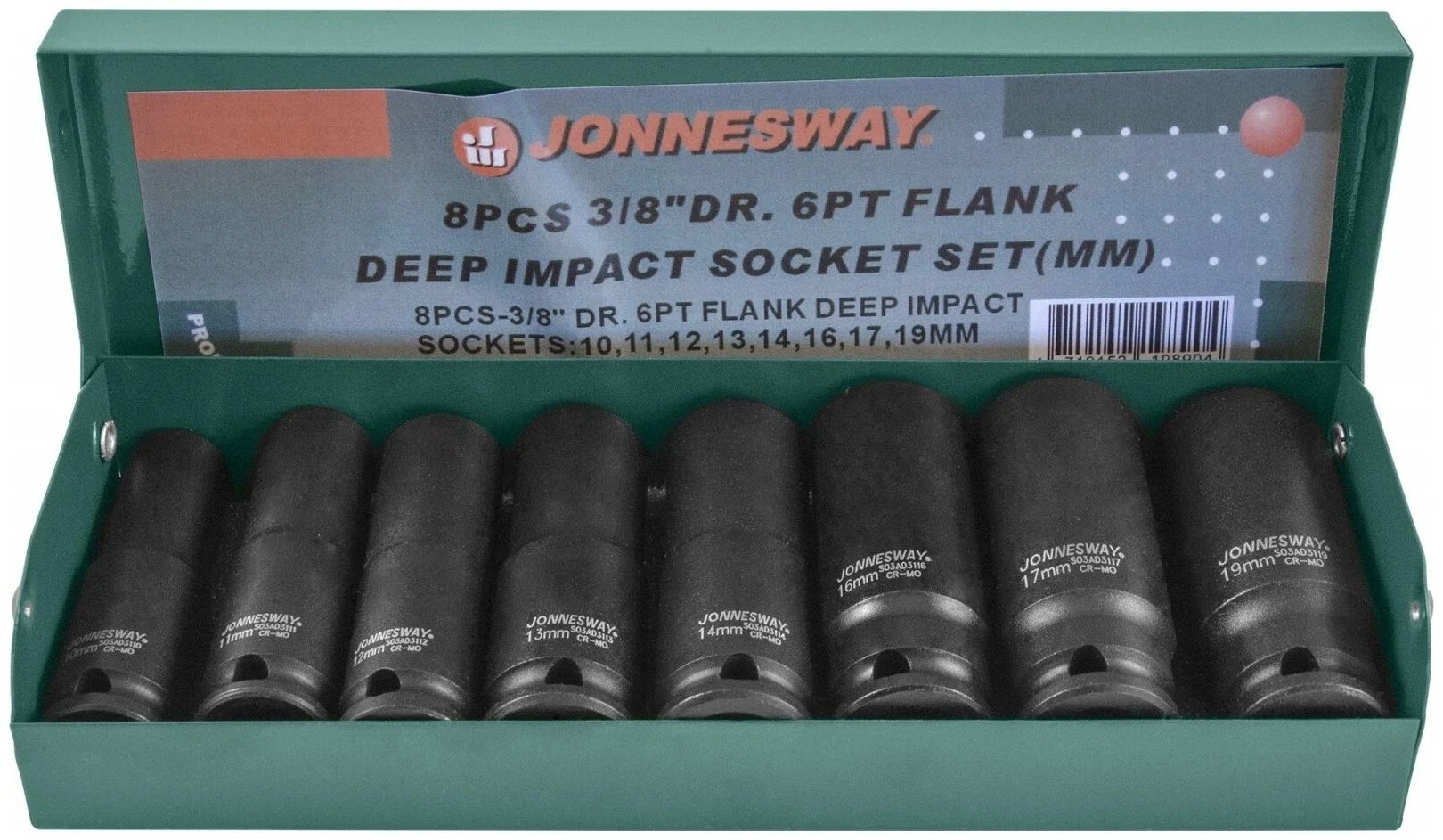 Изображение товара Набор торцевых головок ударных глубоких 3/8" 10-19 мм Jonnesway S03AD3108S