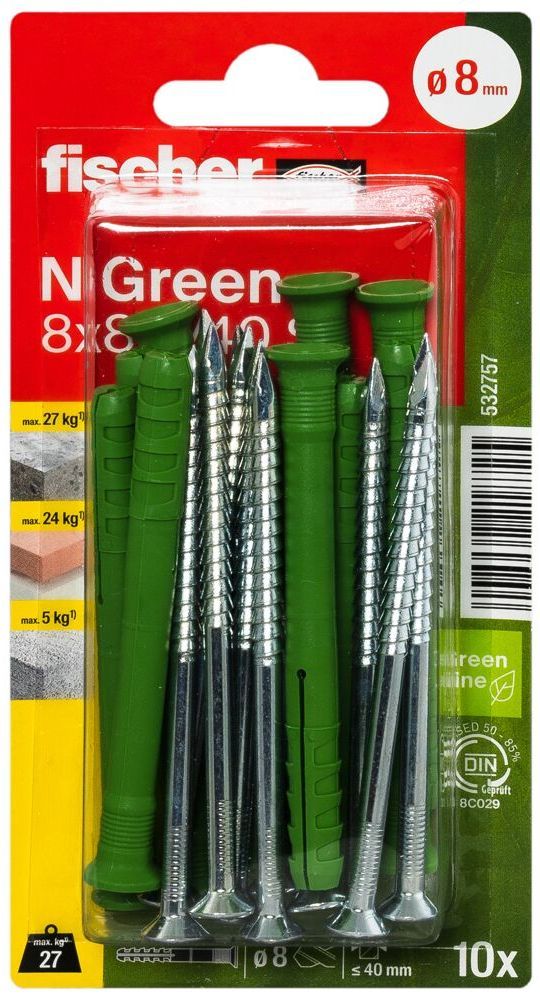 Дюбель-гвоздь 8х80 с потайным бортиком Fischer N-S Green 532757, оцинкованная сталь, 10 шт в блистере  - фото