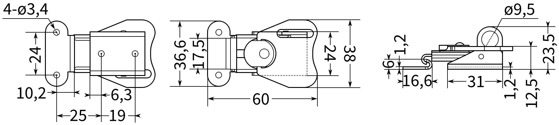 Замок-защелка поворотный L=60 мм, нагрузка 25 кг, B33C, нержавеющая сталь А2 - фото