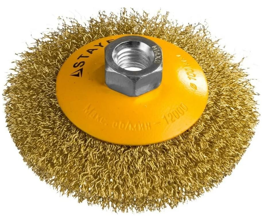 Щетка-крацовка коническая для УШМ 100 мм, витая стальная латунированная проволока 0,3 мм Stayer Prof 35133-100 - фото