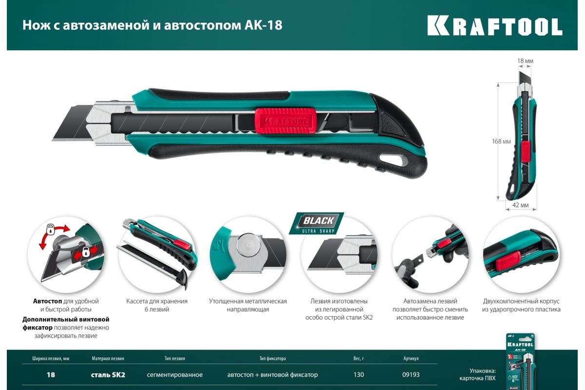 Нож с сегментированным лезвием 18 мм Kraftool 09193_z02 - фото