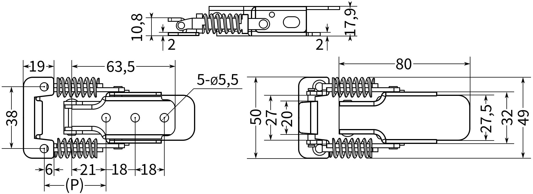 Замок-защелка натяжной L=80 B82C-2, нержавеющая сталь А2 - фото