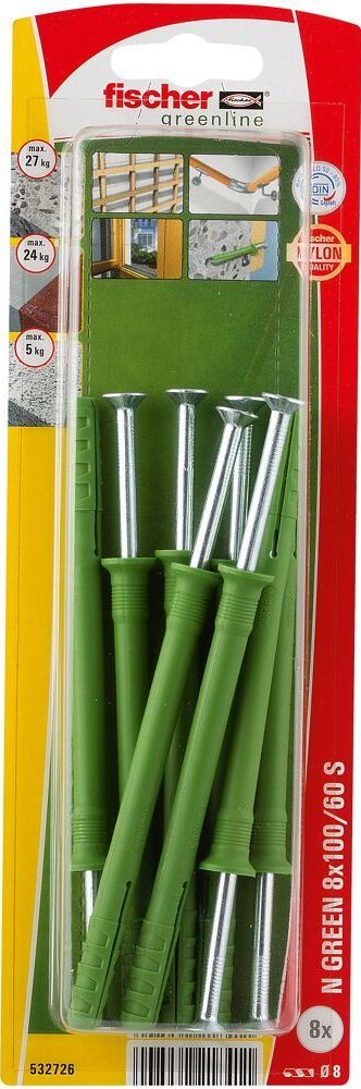 Дюбель-гвоздь 8х100 с потайным бортиком Fischer N-S Green 532726, оцинкованная сталь, 8 шт в блистере  - фото