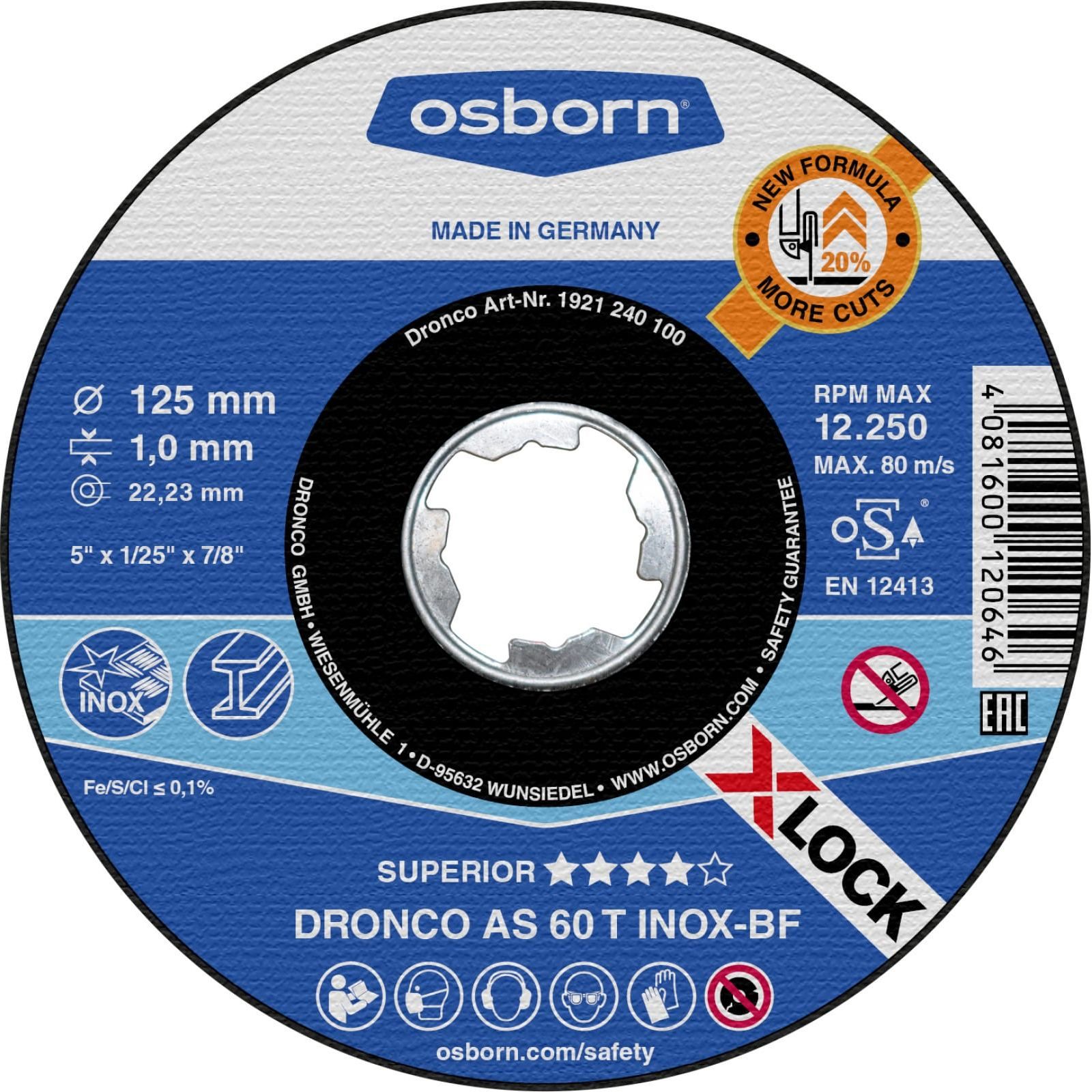 Диск отрезной по нержавеющей стали 125х1х22,23 мм AS60T Special INOX X-Lock DRONCO 1921240100 - фото