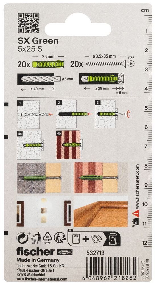 Дюбель SX Green 5x25 Fischer 532713 с кромкой и потайным шурупом, зелёный нейлон, 20 шт  в блистере - фото