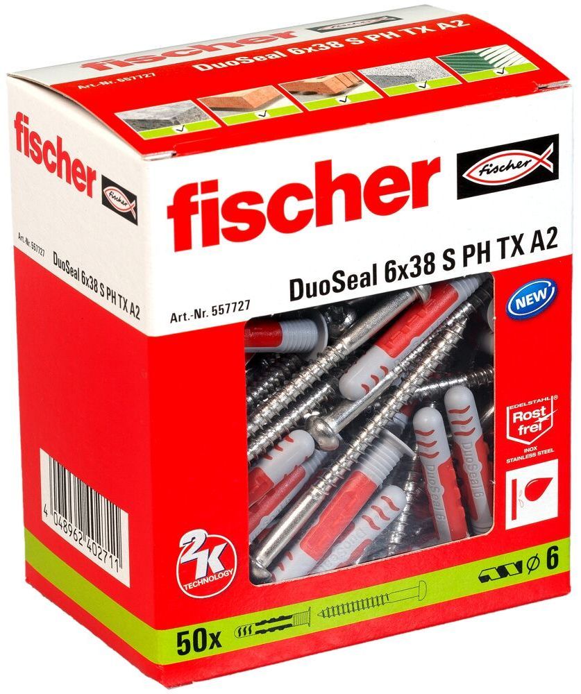 Дюбель герметичный влагостойкий с шурупом DuoSeal 6x38 S PH TX A2 Fischer 557727, нейлон, 50 штук - фото