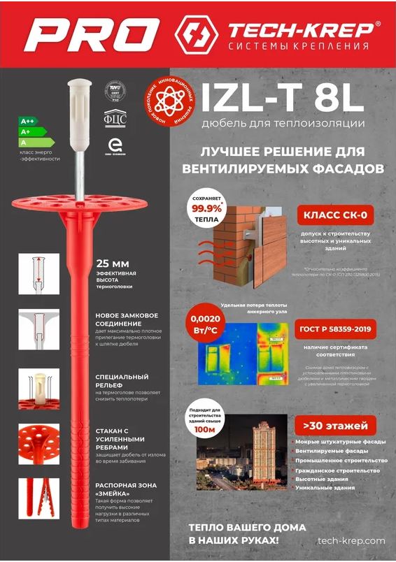 Дюбель для теплоизоляции с металлическим гвоздем с увеличенной термоголовкой IZL-T Tech-Krep - фото