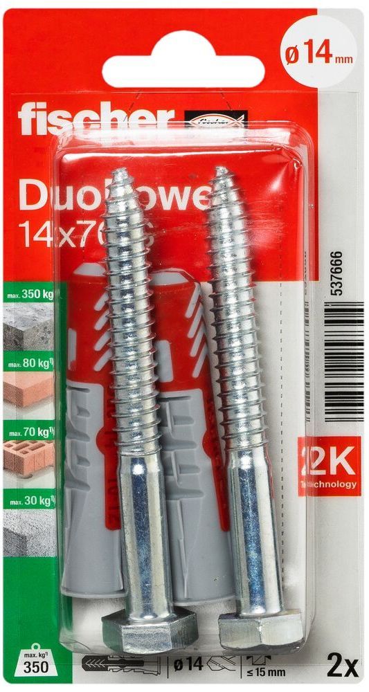 Дюбель 14x70 с винтом S Fischer DUOPOWER K NV 537666, нейлон, 2 штуки в блистере - фото