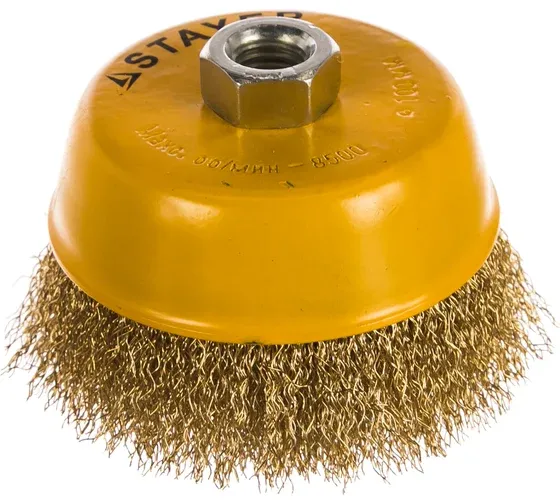 Щетка-крацовка чашечная для УШМ 100 мм, витая стальная латунированная проволока 0,3 мм Stayer Prof 35125-100 - фото