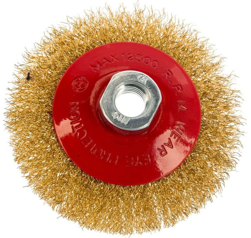 Корщетка-колесо с наклоном для УШМ 100 мм М14, латунированная проволока, FIT 39050 - фото