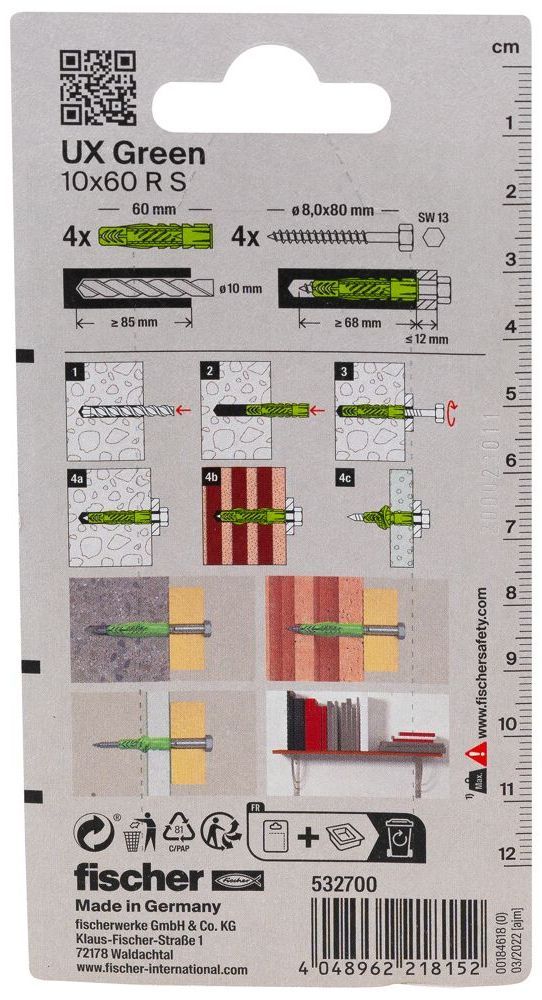 Универсальный дюбель UX 10х60 RS с кромкой и винтом Fischer 532700, зелёный нейлон, 4 шт в блистере - фото