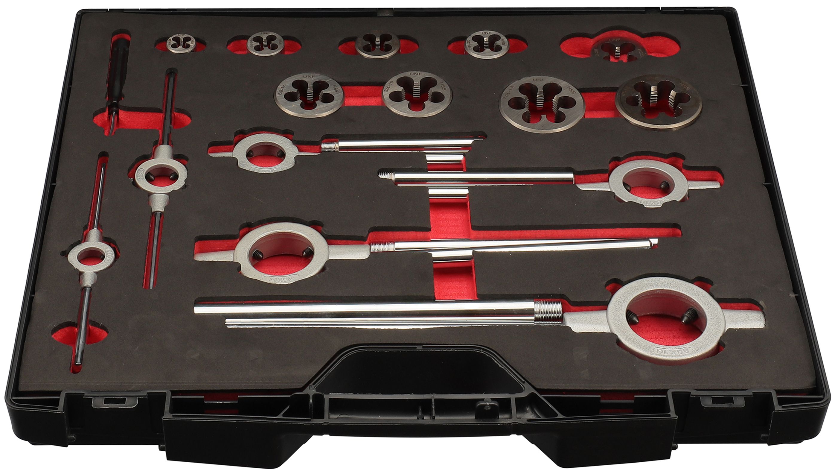 Набор метчиков и плашек UNF 1/4"-1" HSS-G H-Tools 245073HT, дюймовая резьба, 37 предметов - фото