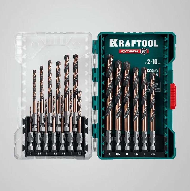 Набор сверл по металлу для винтовёртов 2-10 мм НЕХ-1/4 Impact Ready Kraftool 29652-H19, 19 шт - фото