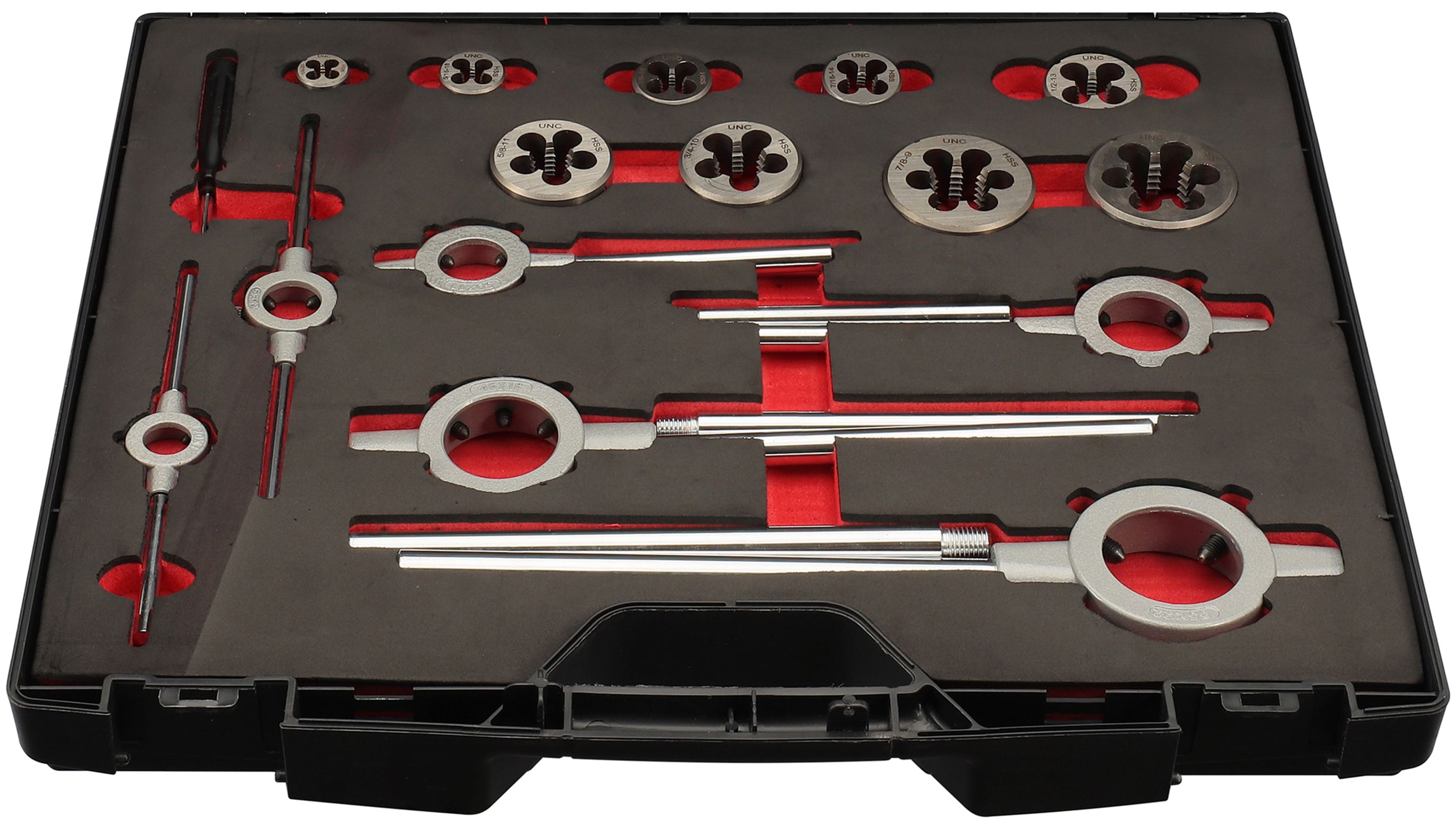 Набор метчиков и плашек UNC 1/4"-1" HSS-G H-Tools 245072HT, дюймовая резьба, 46 предметов - фото