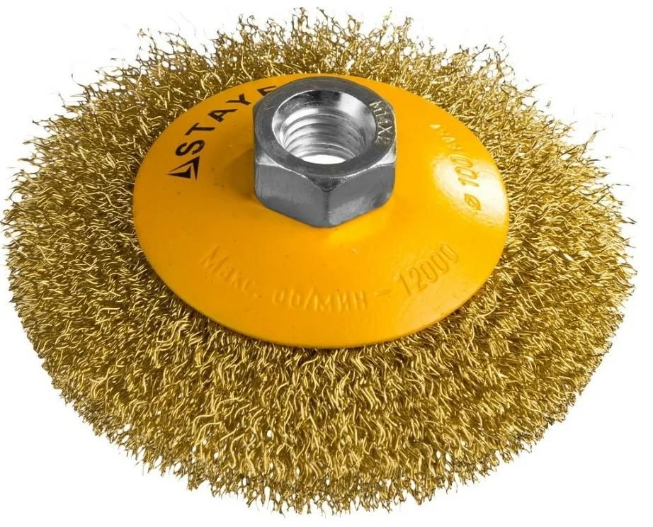 Щетка-крацовка коническая для УШМ, витая латунированная стальная проволока 0,3 мм Stayer Prof  - фото