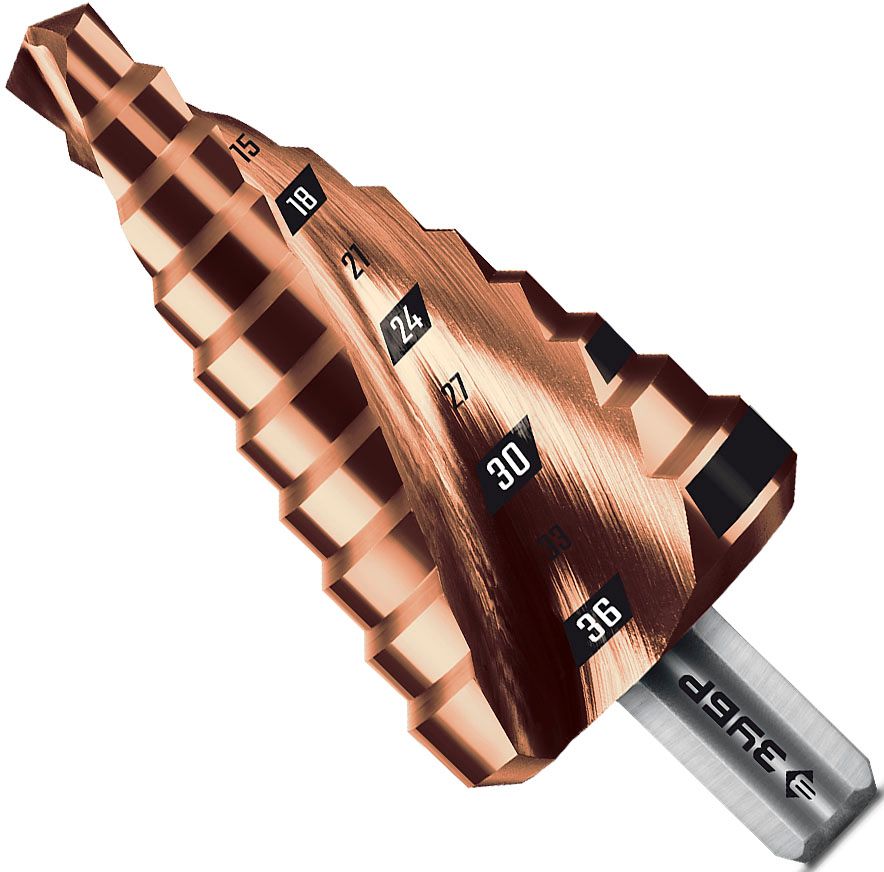 Сверло по металлу ступенчатое 9-36 мм, 10 ступеней, с винтовой проточкой Кобальт, 3Т хвостовик ЗУБР 29674-9-36-10, сталь Р6М5 - фото