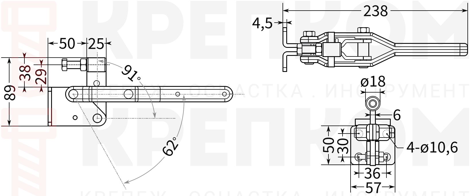 Прижим рычажный вертикальный L=89 мм, нагрузка 400 кг, HD-10448, оцинкованный - фото