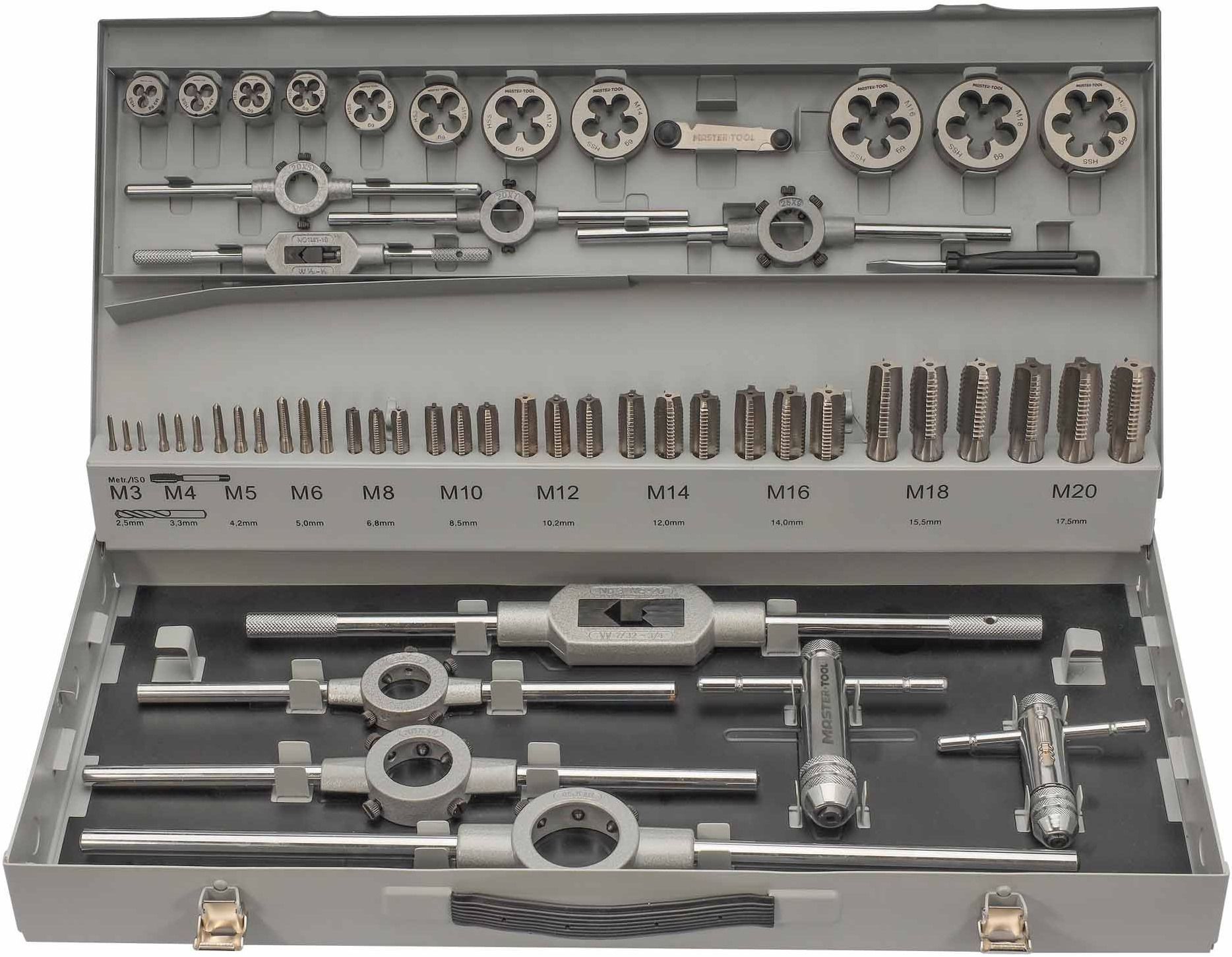 Набор метчиков и плашек M3-M20 HSS-G Master-Tool 1017601010004, 56 предметов - фото