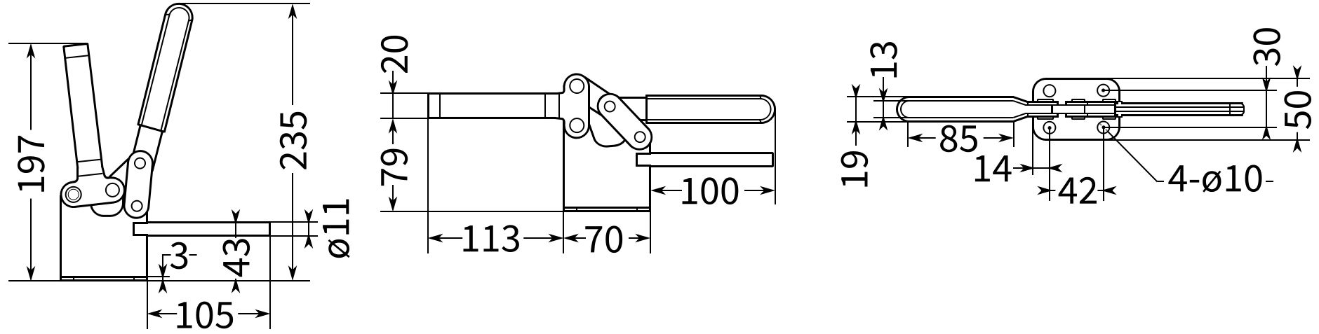 Прижим рычажный горизонтальный с дополнительной рукояткой L=280 мм, нагрузка 400 кг, 331XMI, оцинкованный - фото