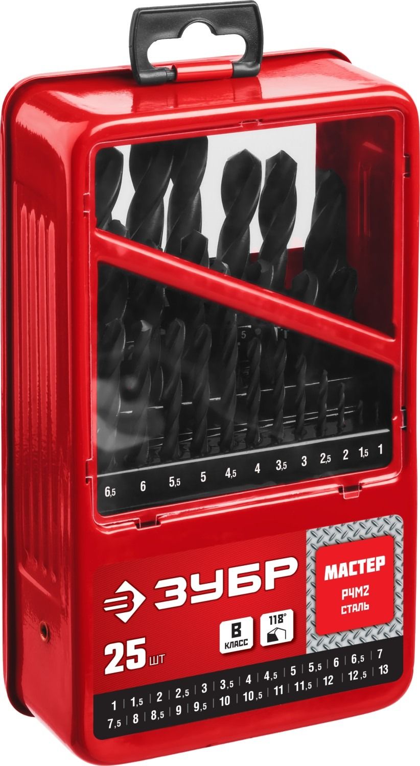 Набор сверл по металлу 1-13 мм, класс В, ЗУБР 29605-H25, сталь Р4М2, 25 штук в металлическом боксе - фото