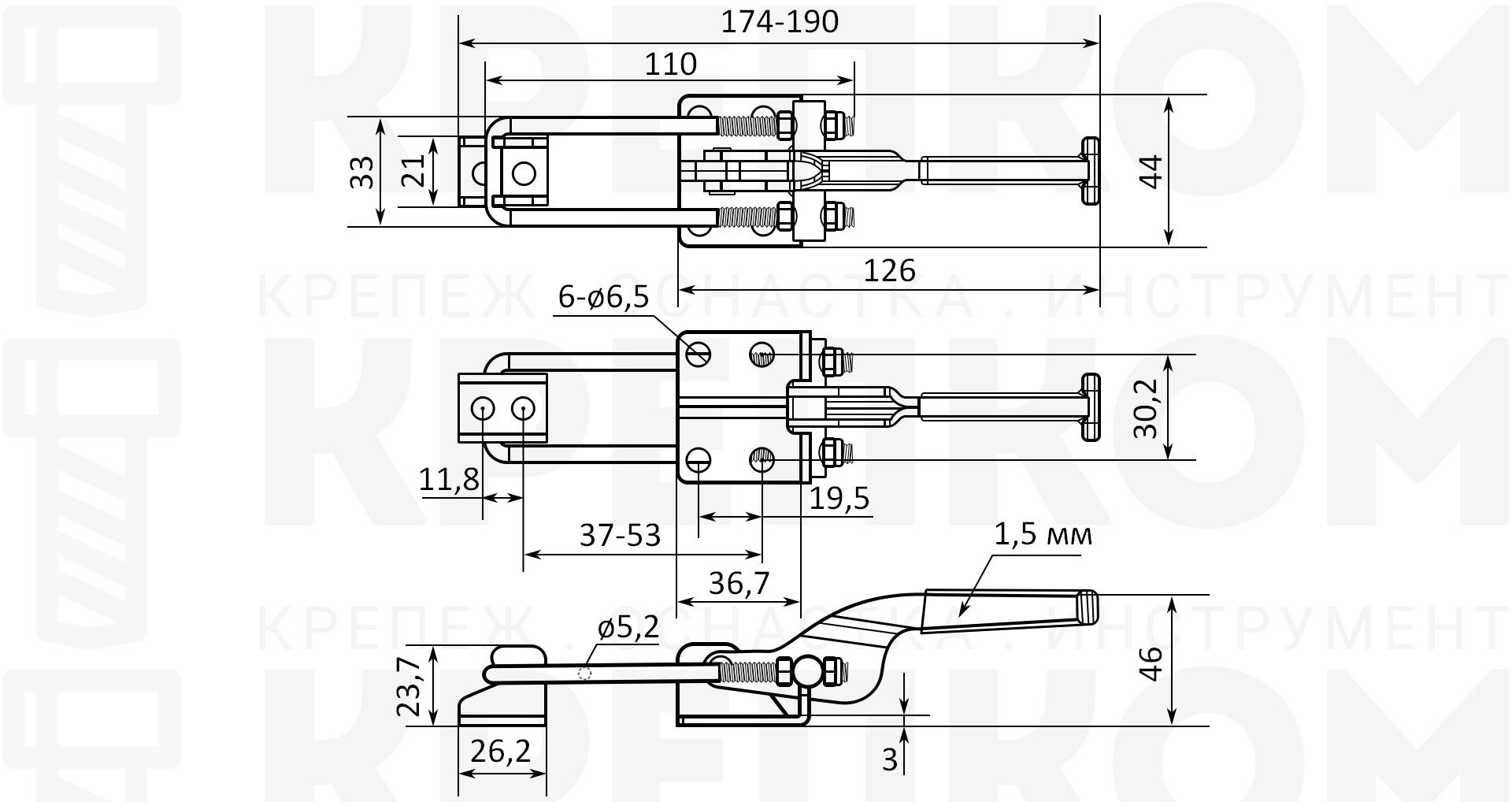 Замок регулируемый натяжной L=159-179 мм, нагрузка 220 кг, (544), оцинкованная сталь, 50 шт - фото