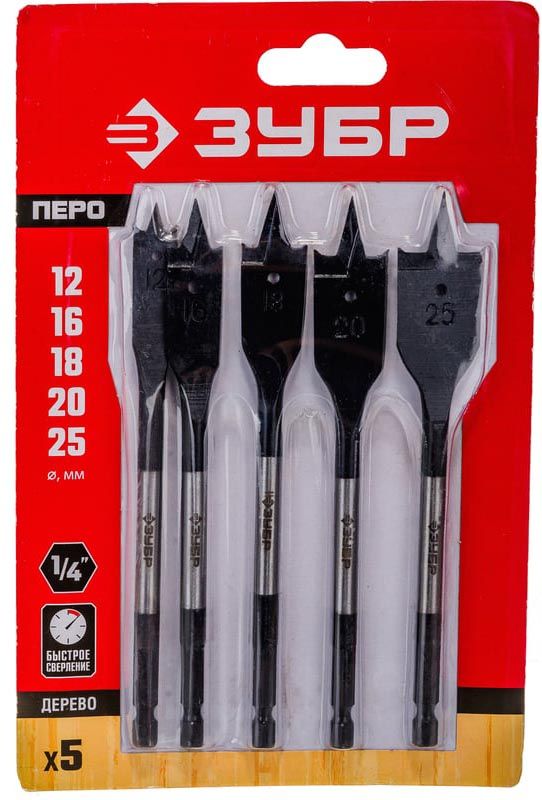 Набор сверл перовых по дереву 12-16-18-20-25 мм ЗУБР 29505-H5_z01, 5 шт - фото