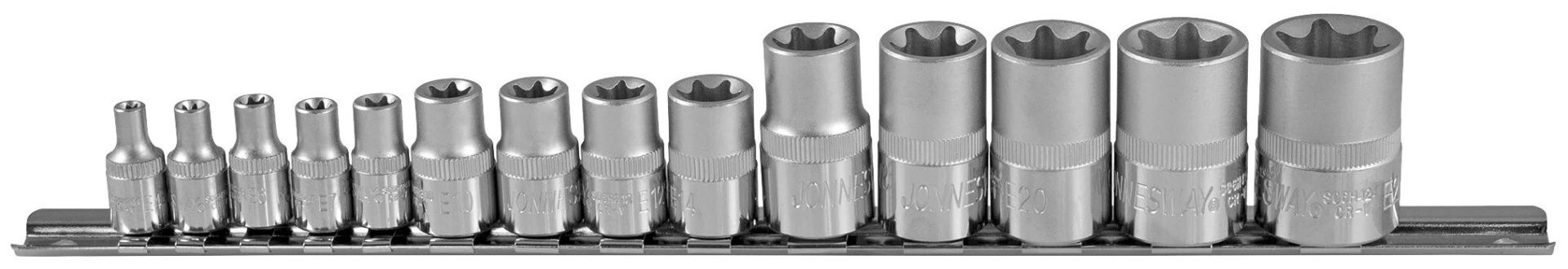 Изображение товара Набор торцевых головок 1/4, 3/8, 1/2 дюйма TORX-E 14 шт Jonnesway S06H414S