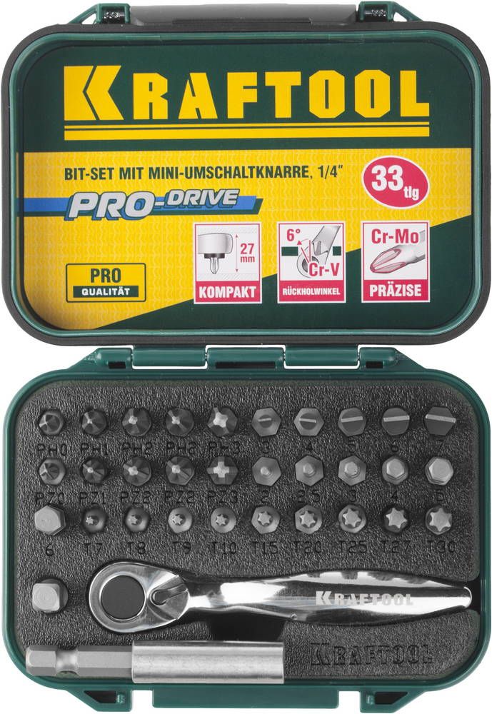 Набор бит с мини-трещоткой Kraftool 26157-H33, сталь Cr-V, 33 шт - фото