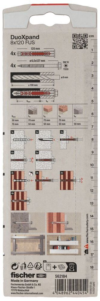Дюбель фасадный DUOXpand 8x120 FUS Fischer 562184 с шестигранным шурупом и фланцем, оцинкованная сталь, 4 шт в блистере - фото