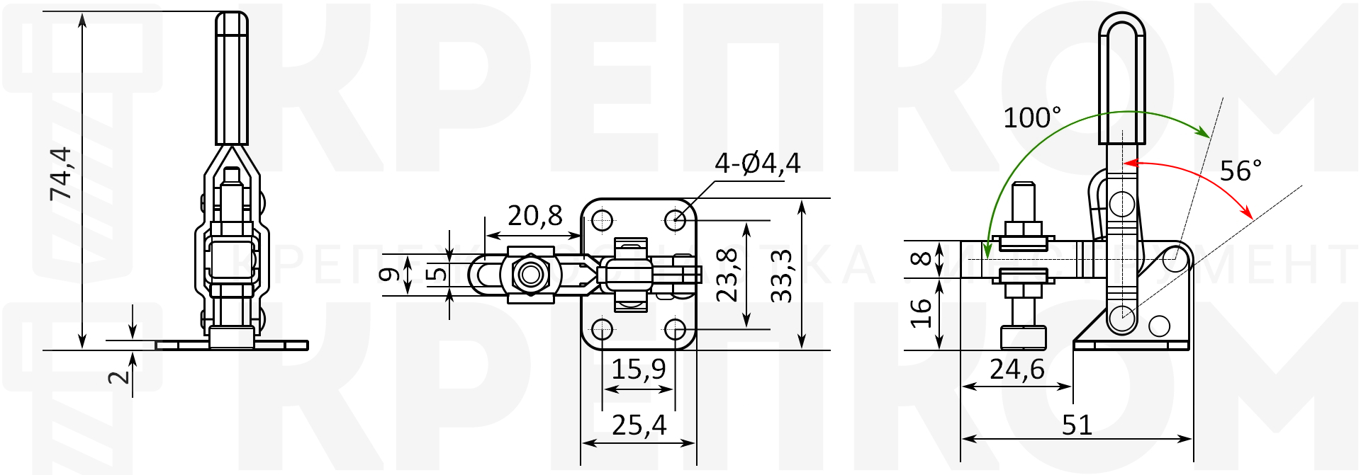 Прижим рычажный вертикальный L=52 мм, нагрузка 50 кг, 212-B, оцинкованный, 50 шт - фото