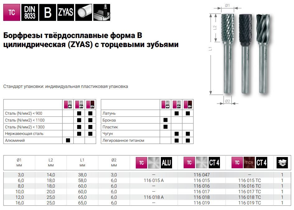 Бор-фреза твердосплавная 12x25x65 мм, B (ZYAS) DIN 8033, Ruko 116018A, с алюминиевыми зубьями - фото