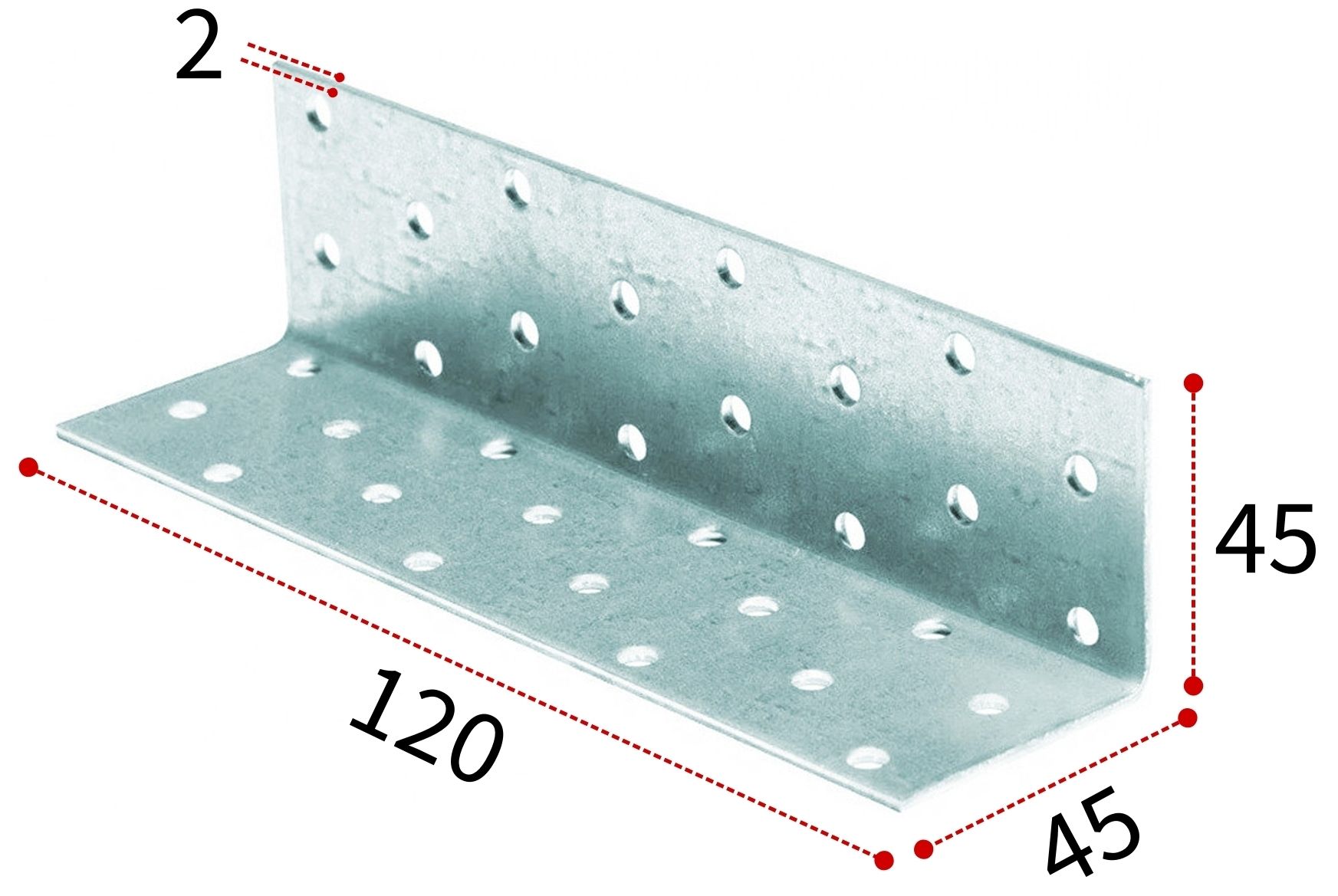 Уголок крепежный равносторонний 45х120х2 мм KUR, оцинкованная сталь - фото