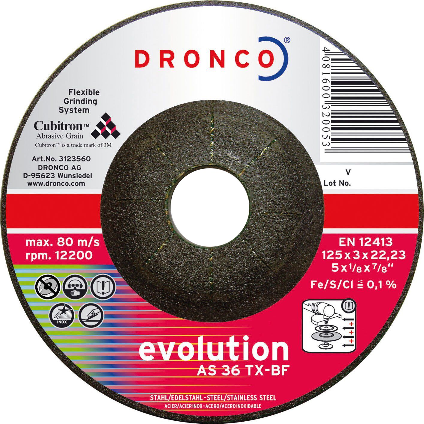 Диск шлифовальный по металлу 125х3х22,23 мм, AS36TX, Dronco Evolution 3123560