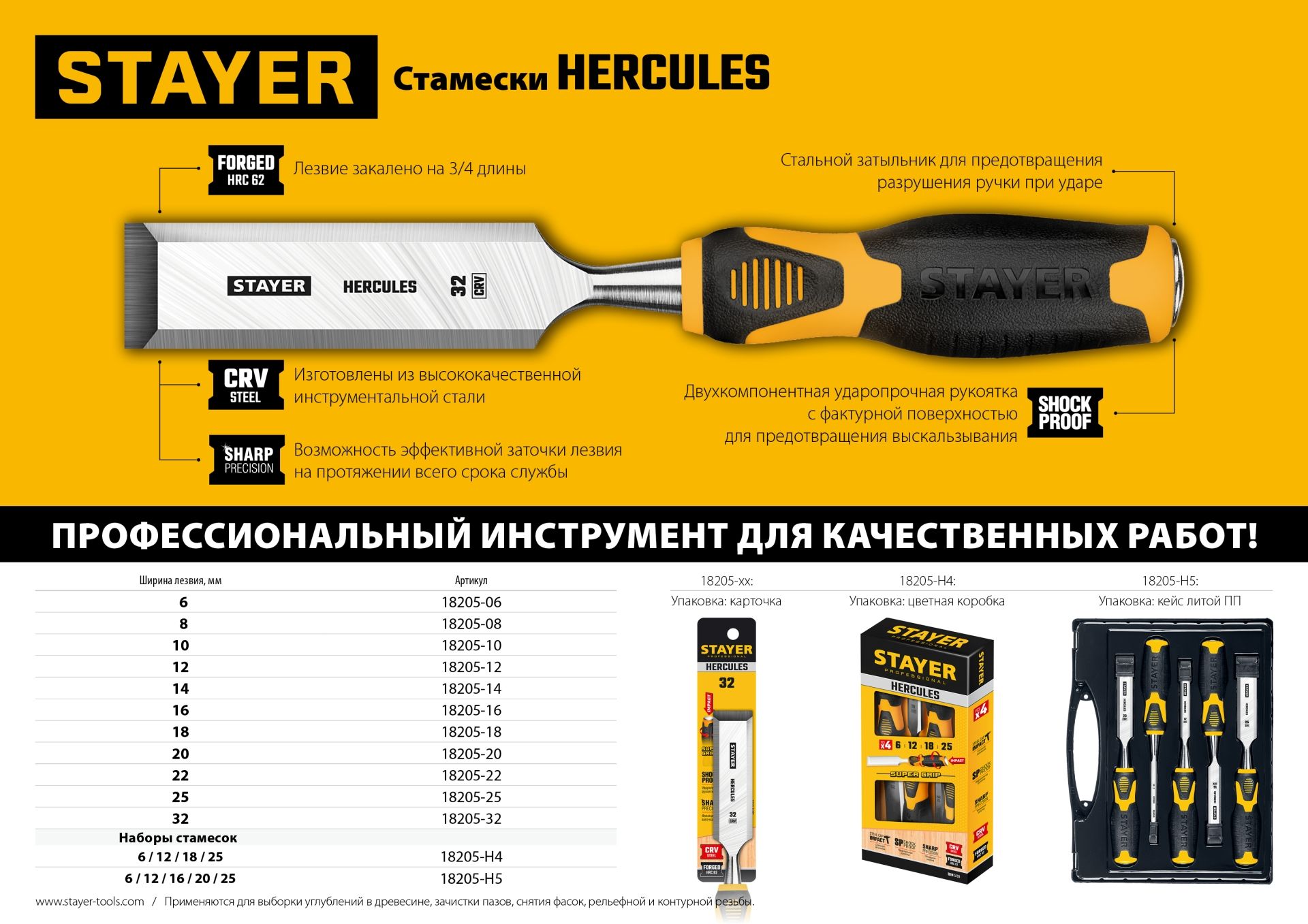 Набор стамесок-долот с двухкомпонентной рукояткой Stayer Hercules Professional 18205-H5, в кейсе, 5 шт - фото