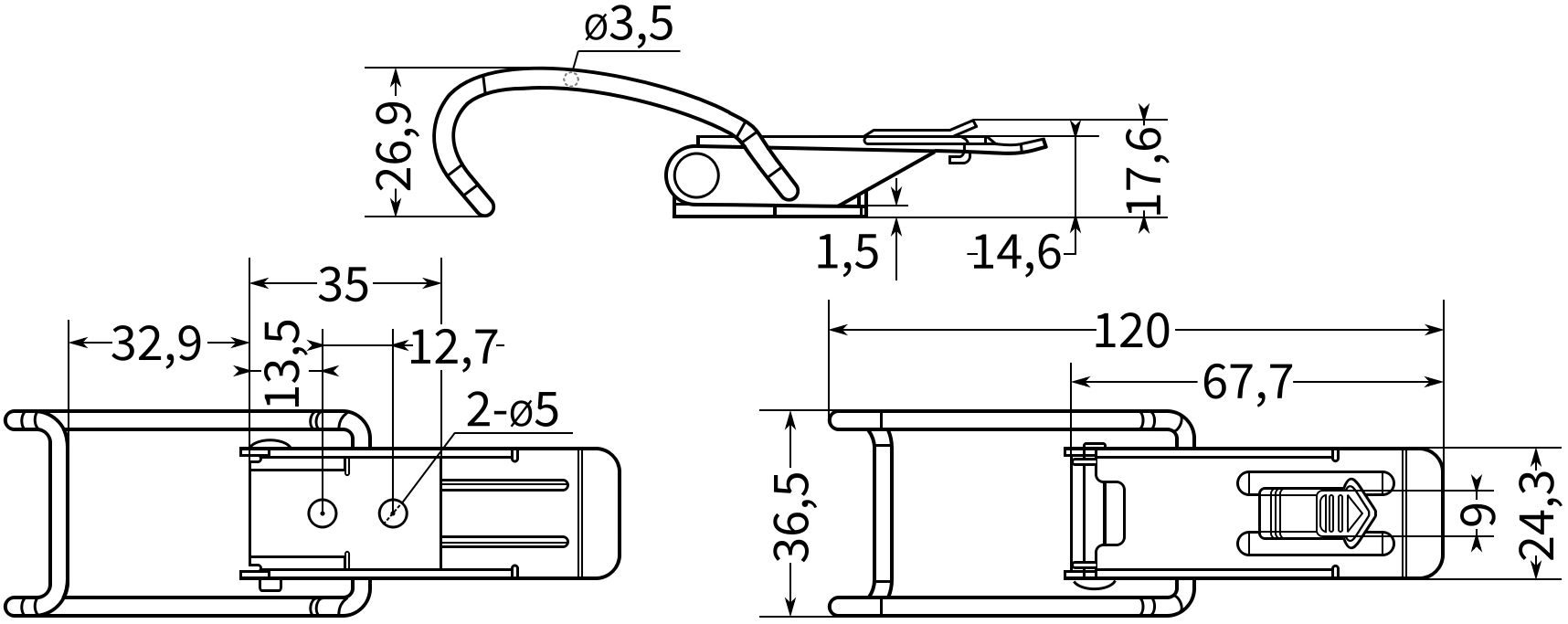 Защелка для крышек и ящиков L=120 B259C-3, нержавеющая сталь А2 - фото