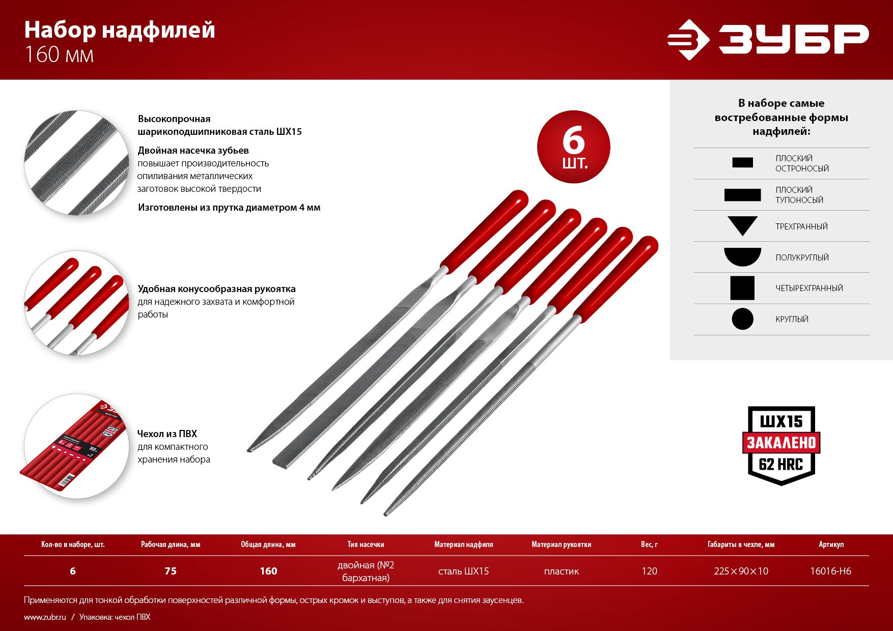 Набор надфилей с ручками 160 мм ЗУБР 16016-H6, 6 шт - фото