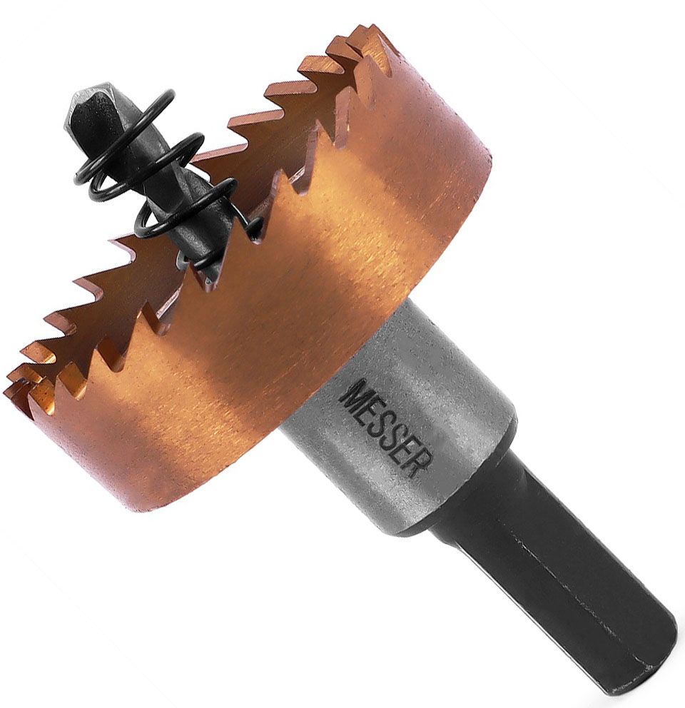 Коронка по металлу с центрирующим сверлом и толкающей пружиной, ц/х Messer, HSS-TiN - фото