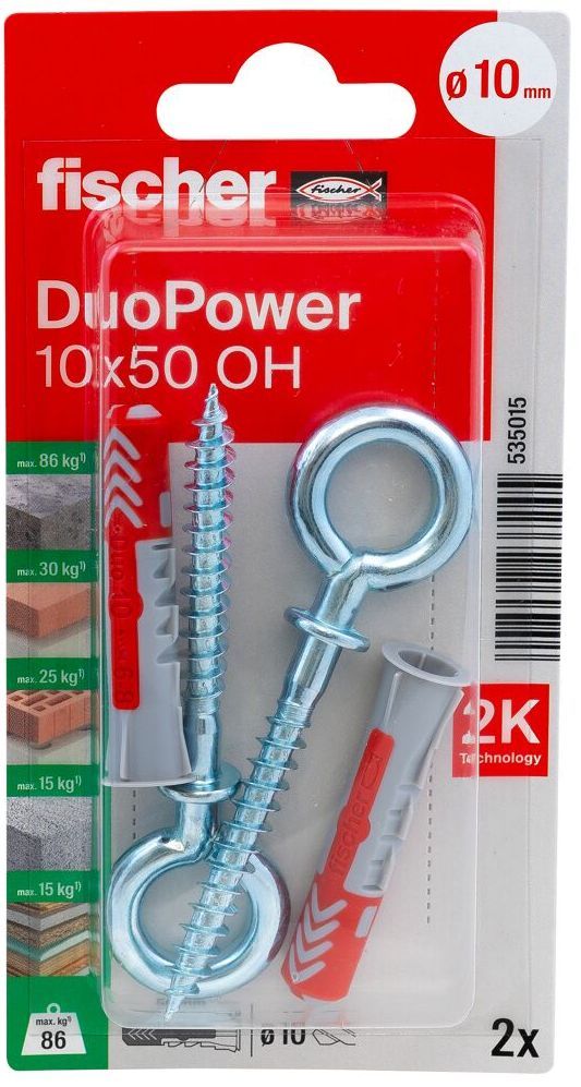 Дюбель 10х50 с рым-крюком OH Fischer DUOPOWER K NV 535015, нейлон, 2 штуки в блистере - фото