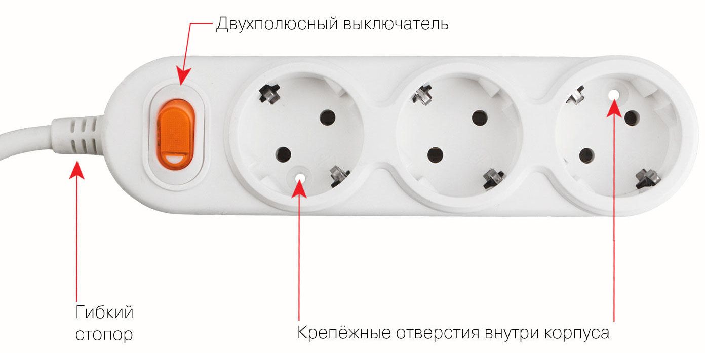 Удлинитель 3 розетки с выключателем КУБ, белый  - фото